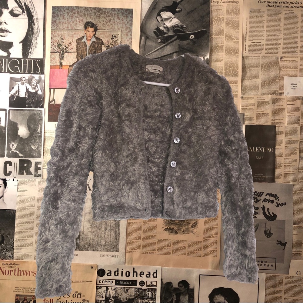 super soft fuzzy grey cardigan sweater